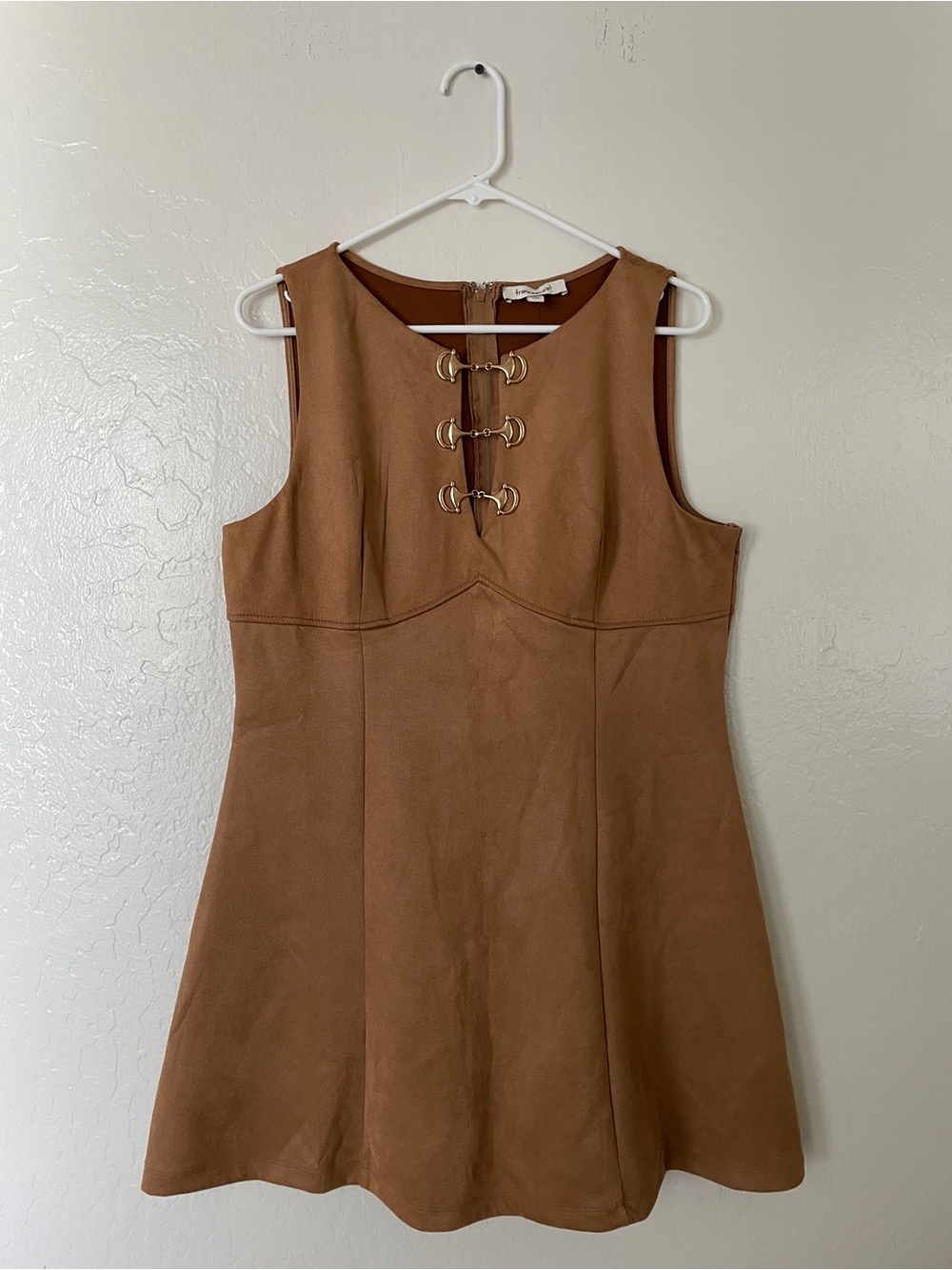 Francesca's Collections Tan Faux Suede Mini Dress with Gold Rings